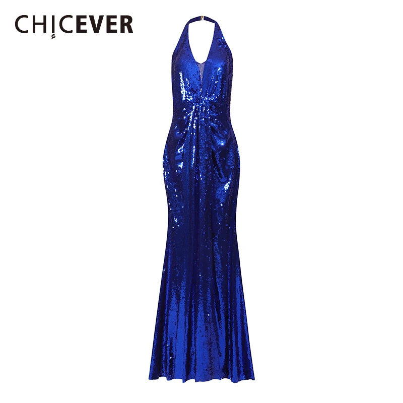 

CHICEVER Solid Spliced Sequins Dress Female Halter Sleeveless Slimming Luxury Temperament Women's Dresses Summer Fashion Style