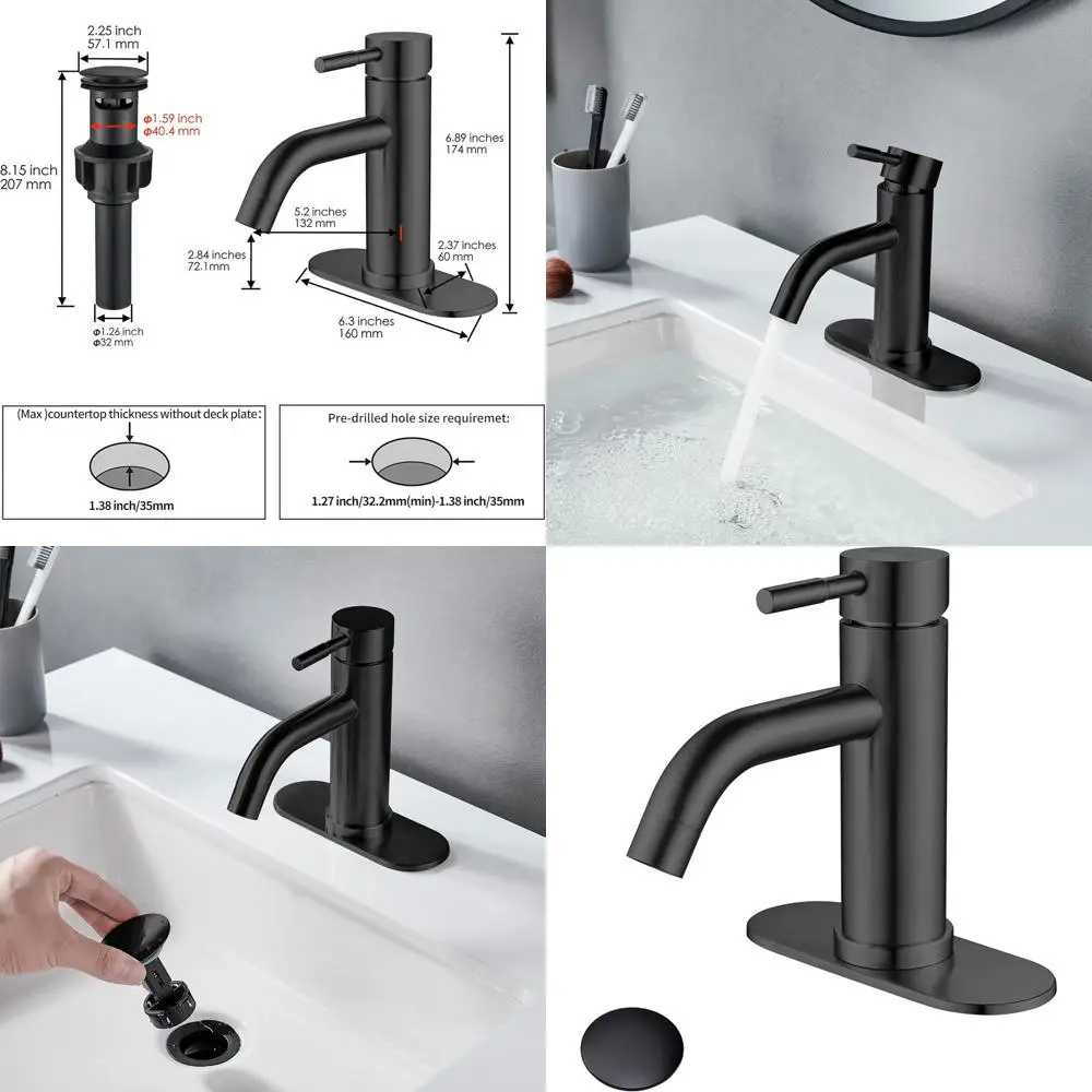 

Modern Matte Black Single Hole Faucet for Bathroom, Stainless Steel Handle with Drain Included