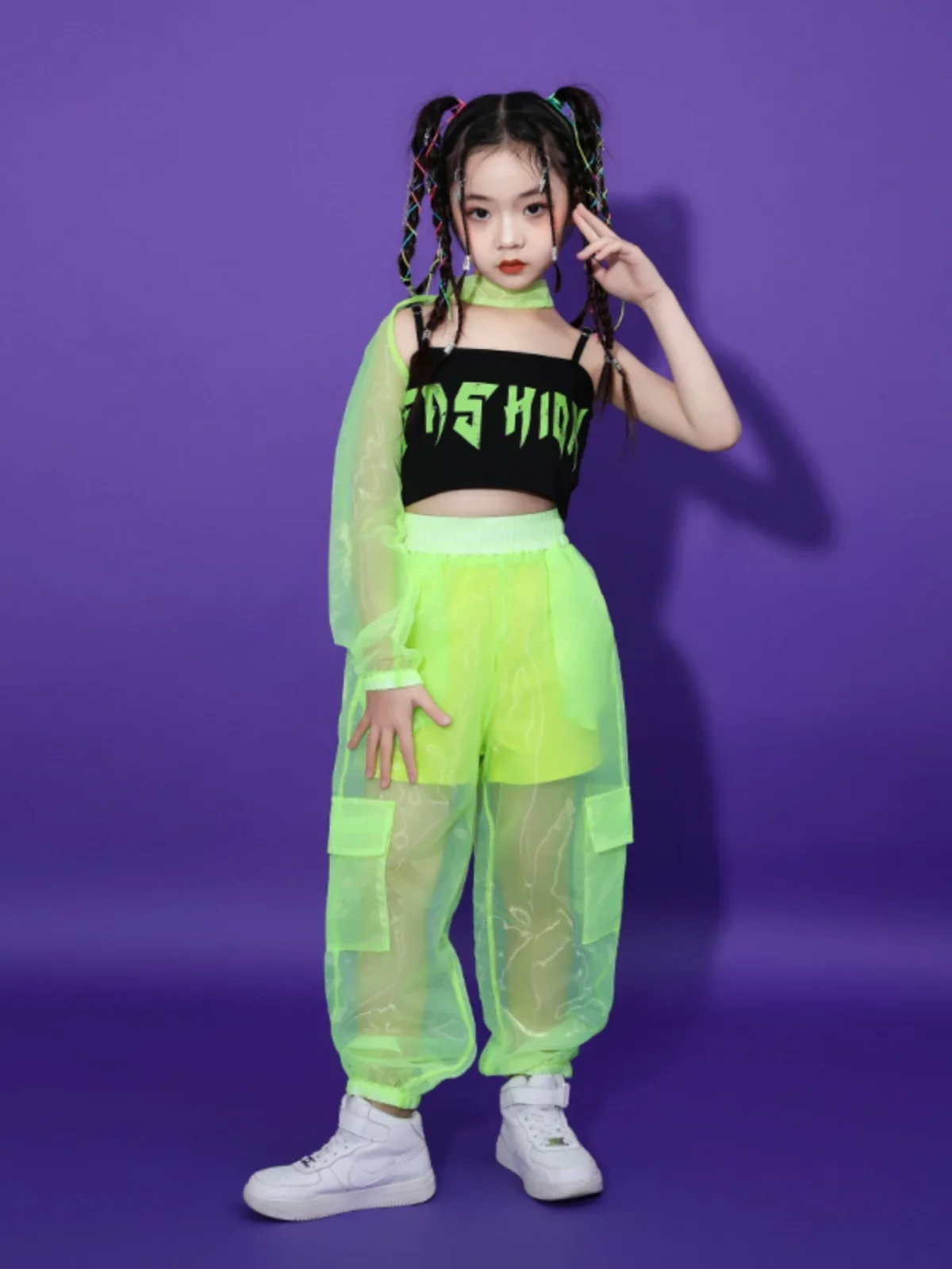 Jazz Dance Costume Girls Street Dance Clothes Stage Neckless Tank Top See Through Mesh Pants Girls Runway Performance Costume