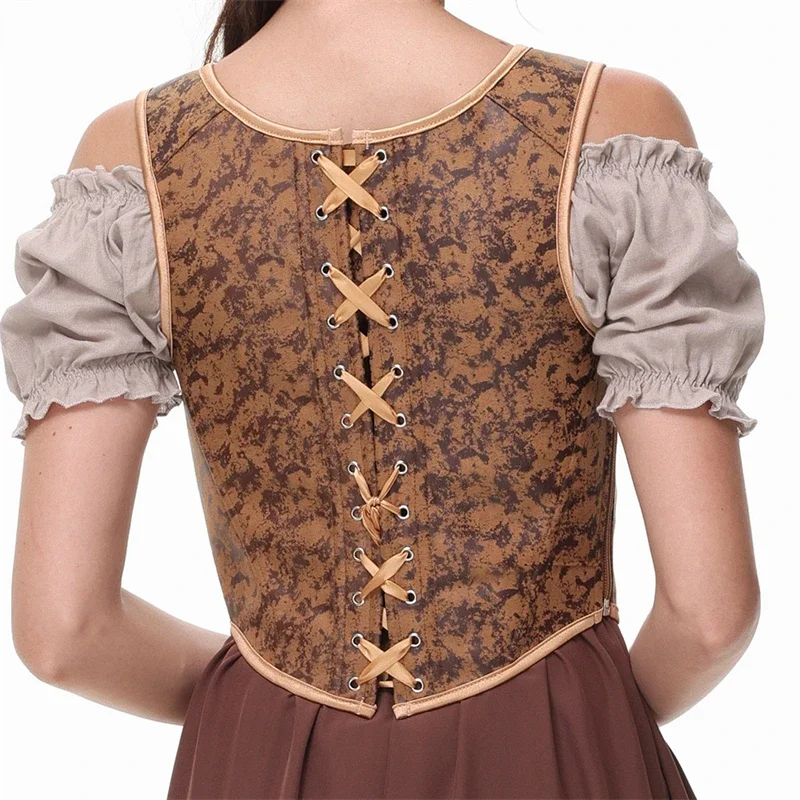 Women Gothic Shoulder Strap Overbust Corset Vest Coffee Vintage Lace-up Side Zipper Bustier Tops Lingerie Body Shaper Corselet