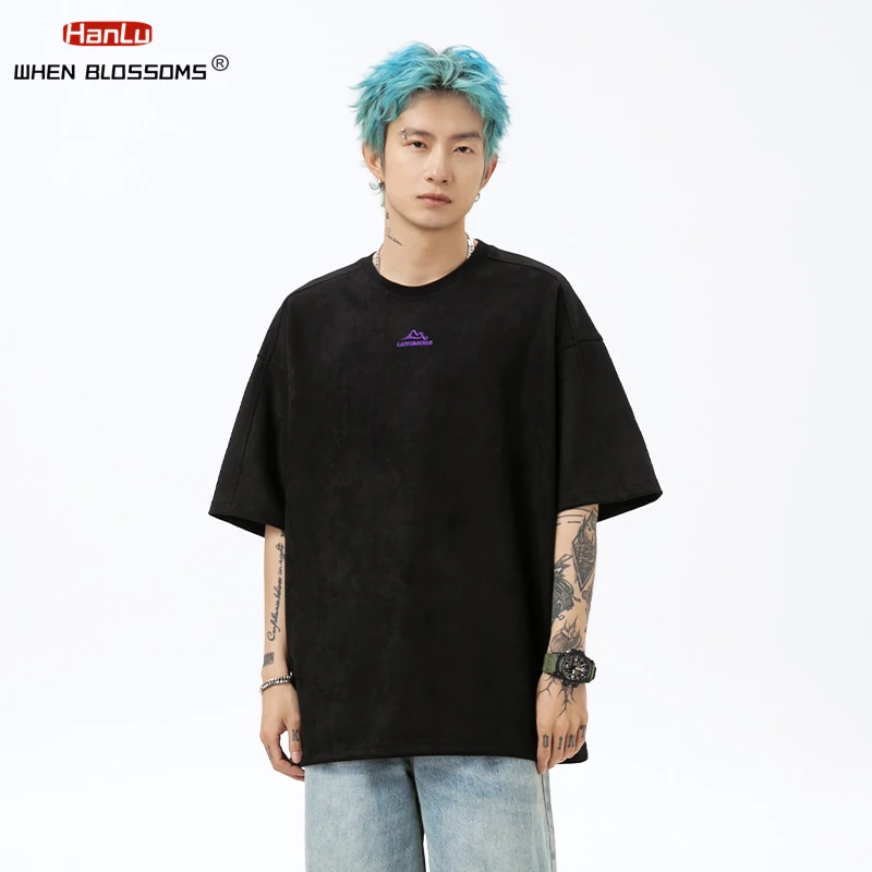 2024 Men Suede Short Sleeved T-shirt Men Women\'s Summer Oversized Tops Embroidered Trendy T-shirt Couple Streetwear Red Tees