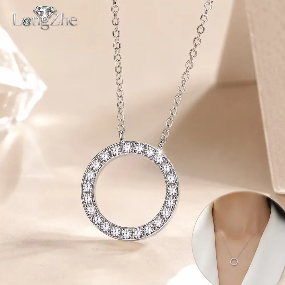 

Certified Moissanite Circle Necklace for Women S925 Sterling Silver 18K White Gold Plated Round Halo Necklace Fine Jewelry Gift