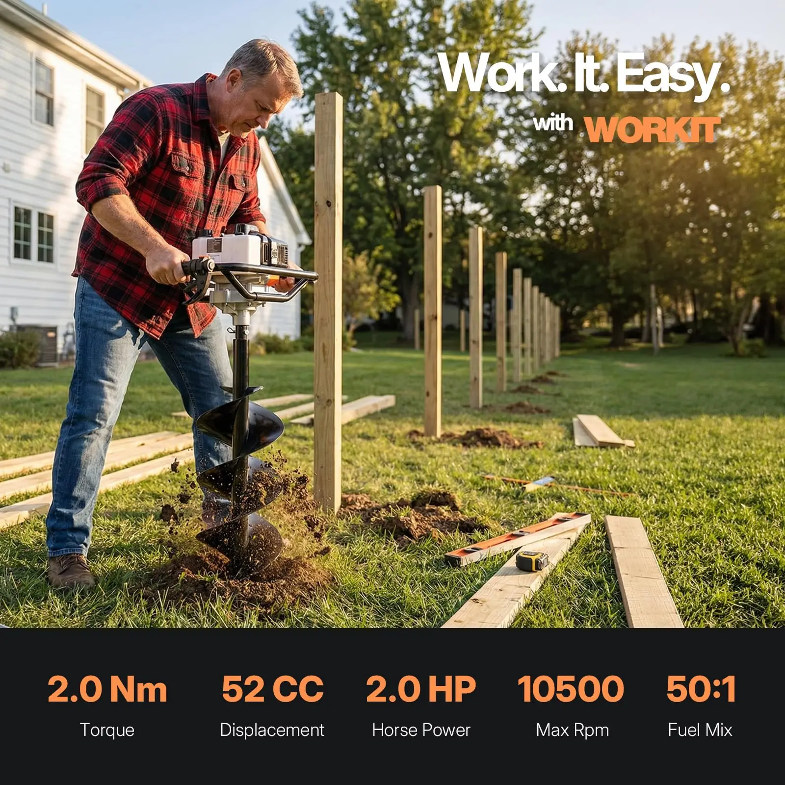 WORKIT Post Hole Digger, 52CC Auger Post Hole Digger, Gas Powered Hole Digger with 8