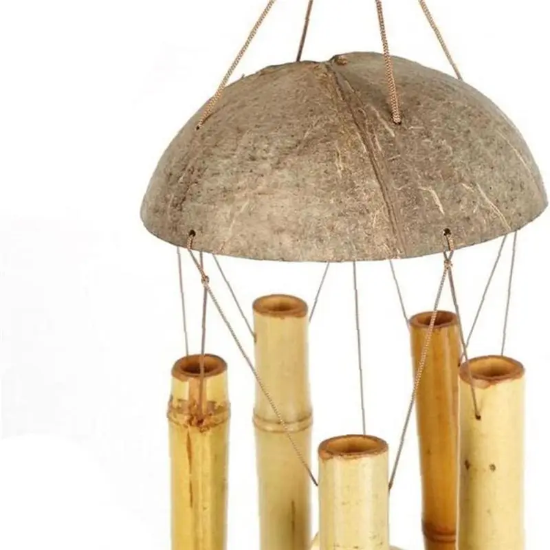 A95G 1Pcs Bamboo Wind Chime Light Color Five Tube Natural Coconut Shell Wood Garden & Home Hanging Door Decoration