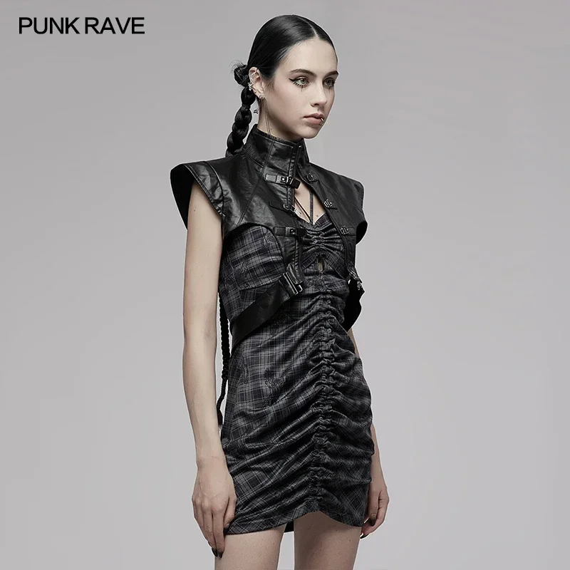 PUNK RAVE Women's Punk Metal Hard Core Wide Shoulder Vest with Waist Loop Etachable Waistbands Sexy Corset Accessories