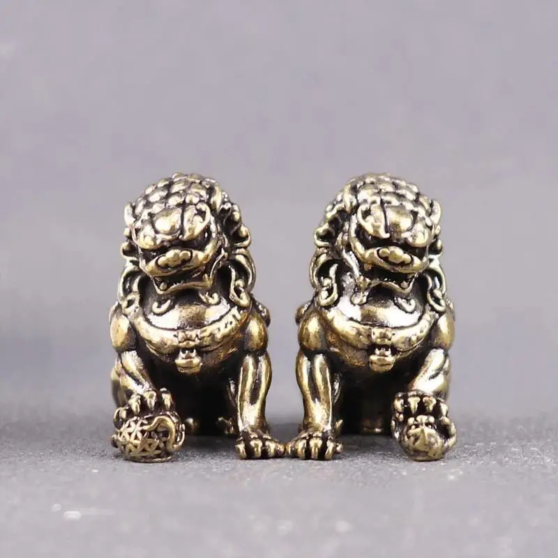 Chinese Brass Lion Statue 1 Pair Mini Tea Pet Ornament Vintage Metal Decor For Home Office Desk Tea Table Display Craft