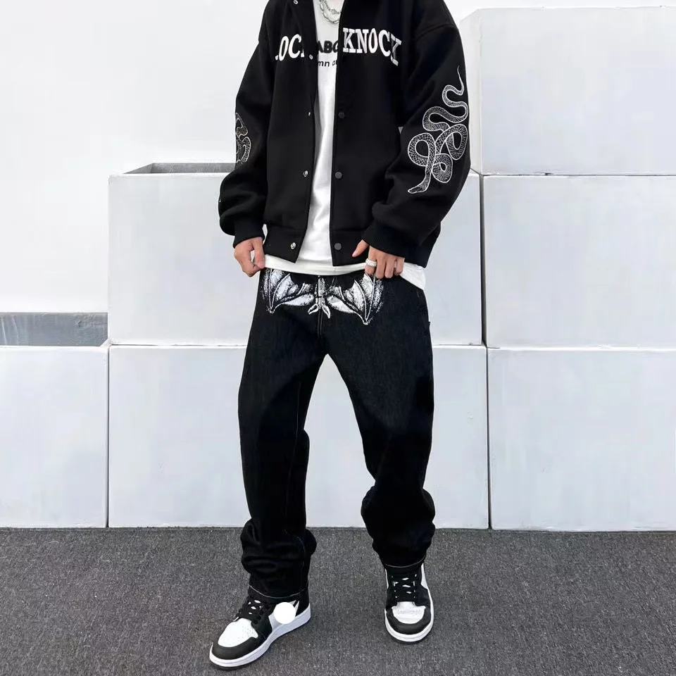 Vintage Multi-pocket Jeans Y2K Men Loose Straight Leg Fashion Wide Leg Print Cargo Pants Baggy Denim Black High Street Trousers