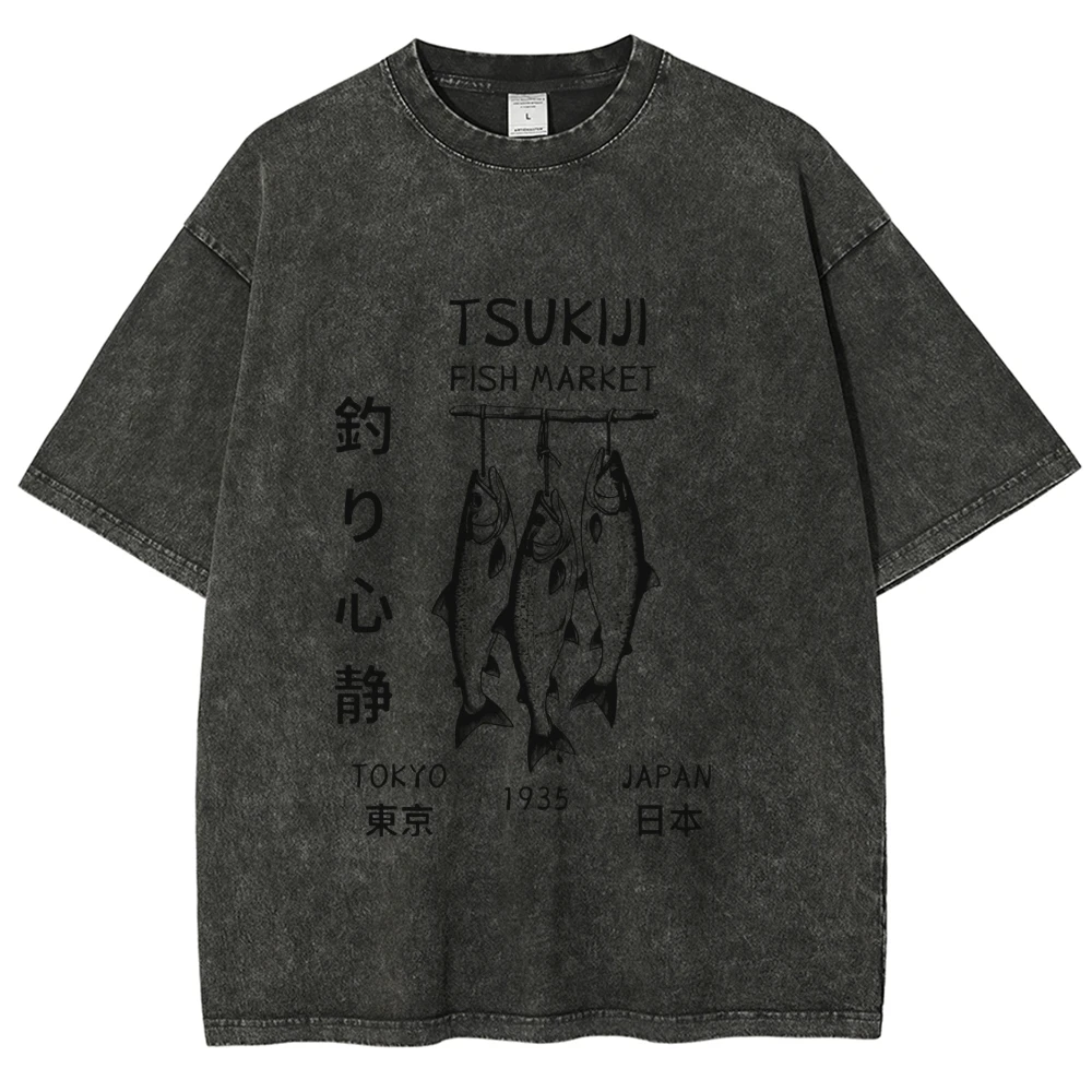 Couple Tees Shoulder Short Sleeved T-shirt For Men Women Breathable Casual Pure Cotton Loose Tops  Fish patterns and language