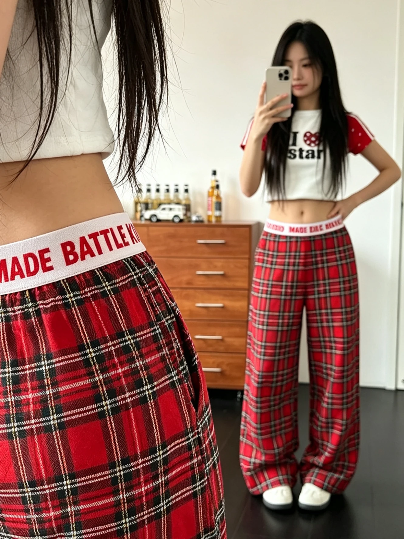 American Retro Plaid Casual Pants Women Summer New Design Loose Wide Leg Draping Pants Asymmetrical Pocket Natural Waist