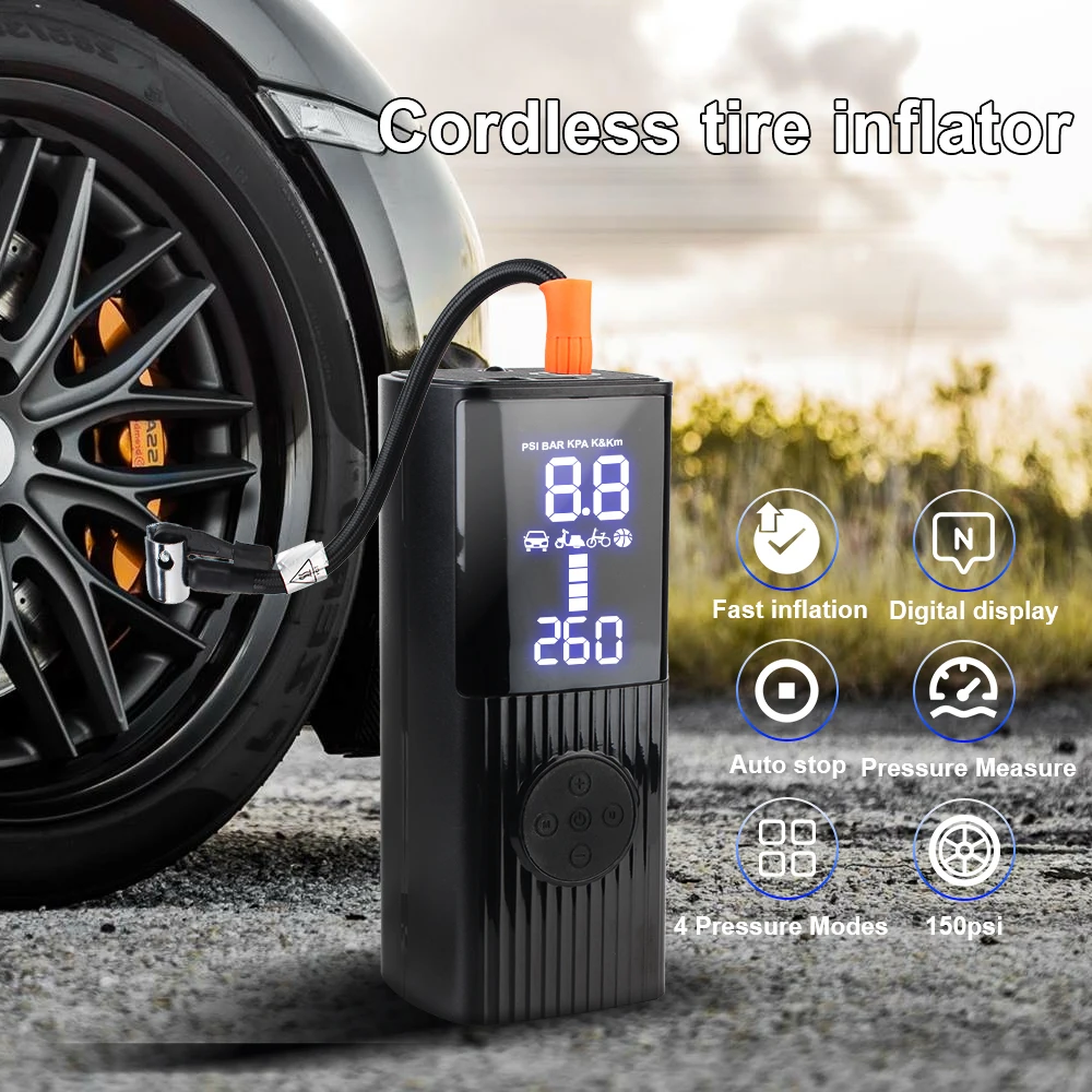 0-150psi/10bar Portable Inflator Car Air Compressor Wireless Inflatable Pump Tire Air Pump Digital Tire Pressure Test for Motorc