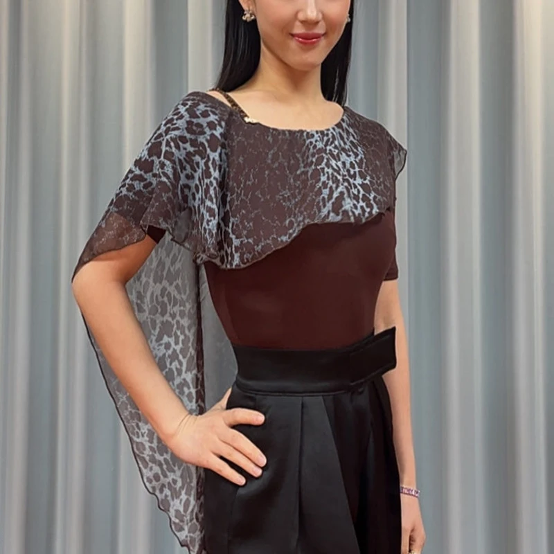 2026 Adult Modern Dance Tops For Women Coffee Leopard Bodysuit Rumba Chacha Waltz Ballroom Dance Wear Latin Costumes XH5276