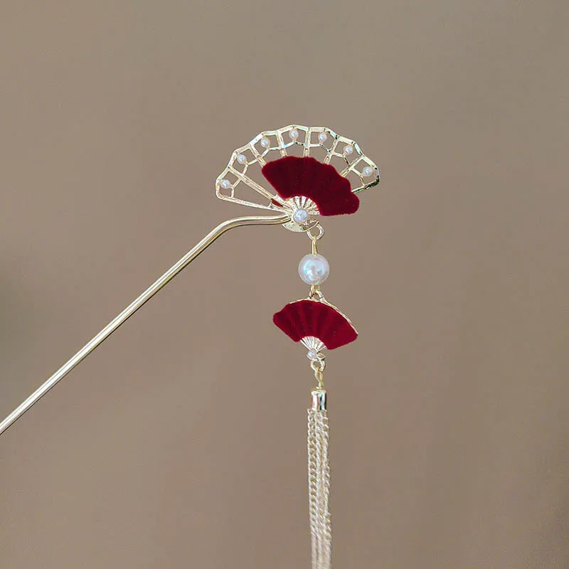 

Красные веерообразные заколки в китайском стиле, аксессуары для волос с кисточками, прогулочные заколки в древнем стиле, спиральные заколки