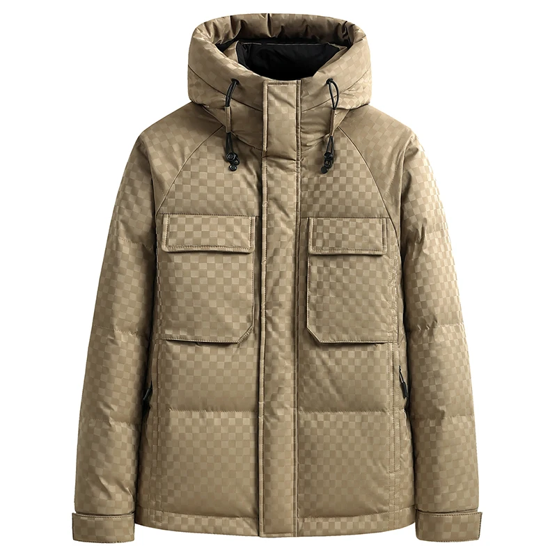 

Новые мужские клетчатые куртки на белом утином пуху с капюшоном, 2025, зимние теплые клетчатые пуховики, уличная ветрозащитная утепленная стеганая одежда