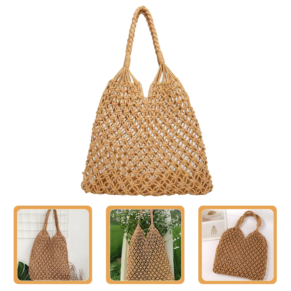 Grid Beach Bag The Tote Crochet Straw Summer Cotton Rope Woven Shopping Bags Trendy Handbag