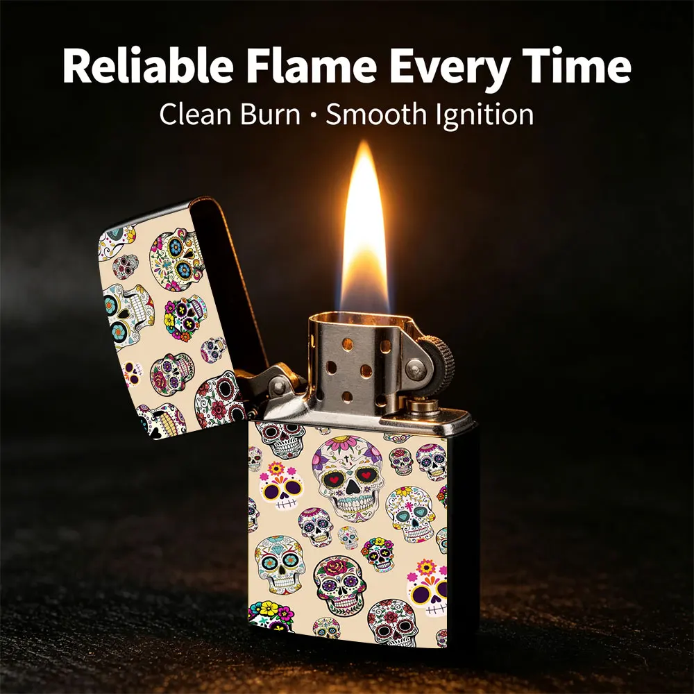 Pocket Lighter, Skull Print Metal Flip-Top Windproof Design, Comfortable Grip, Refillable, Cool Gift for Men