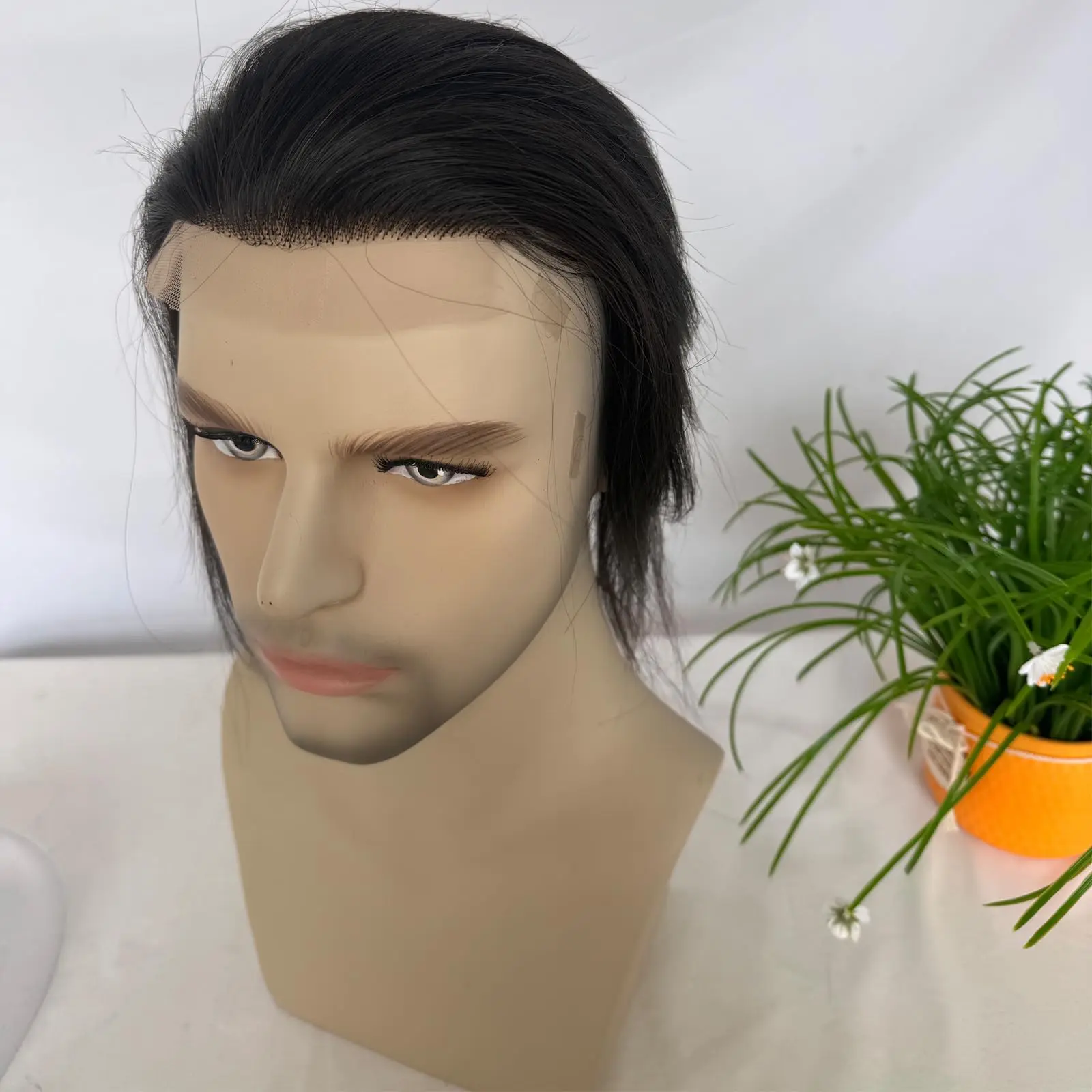 الدانتيل السويسري الجبهة مع بو الرجال الشعر المستعار رجل نظام استبدال الشعر البشري للرجال 4.5x7 بوصة 10 بوصة الشعر الطويل 1B اللون