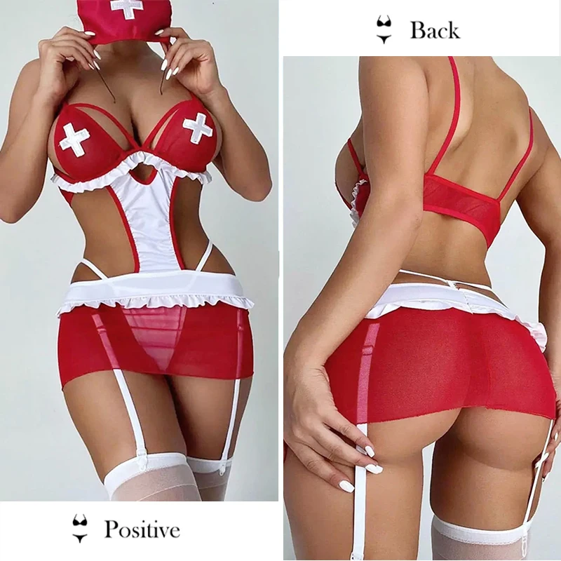 The Latest Best-Selling Female Role-Playing Nurse Red Dress Set Women's Sexy Slim Fit Integrated Mesh Cosplay Clothing image 3