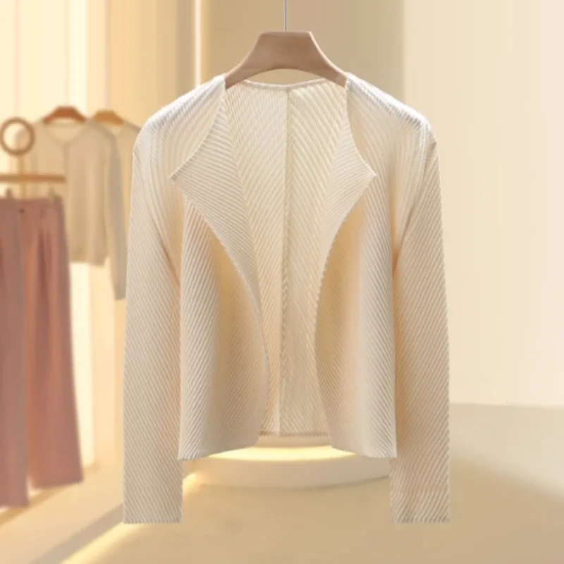 

Miyake New Women Cardigan Fish Scale Pleated Jacket Autumn Outer Tops Comfortable Casual Loose Stretchy Commuter Daily Clothing