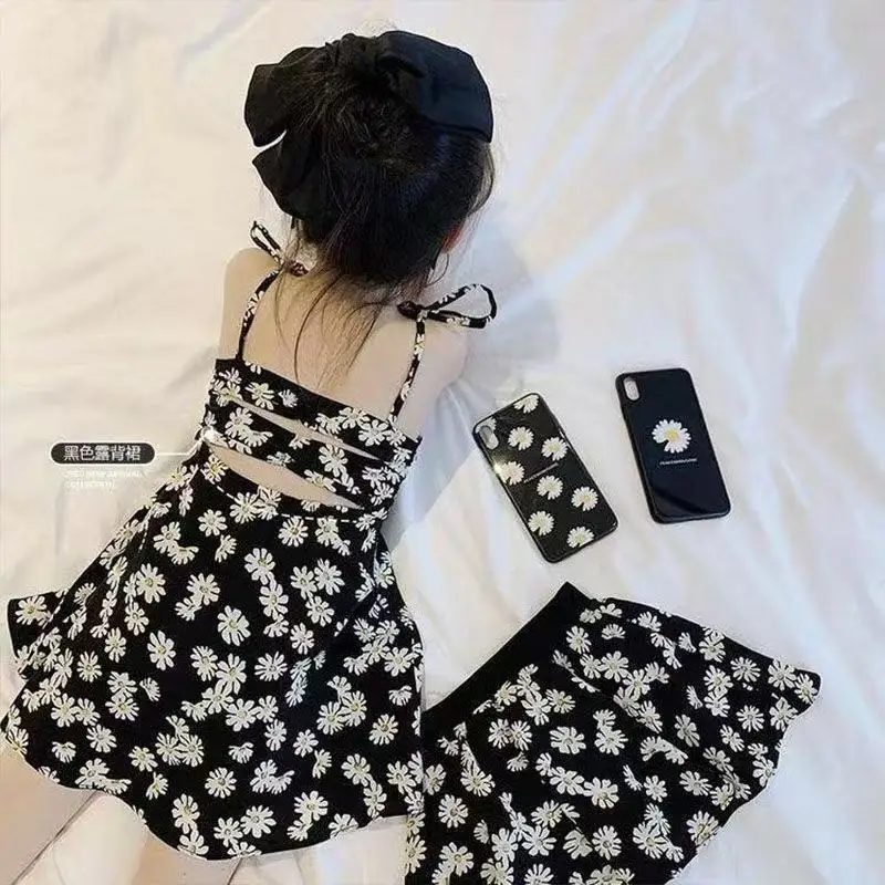 Girls Strap Dress 2026 Korean Daisy Girl Baby Western Style Summer Print Dress Backless Suspender Dress