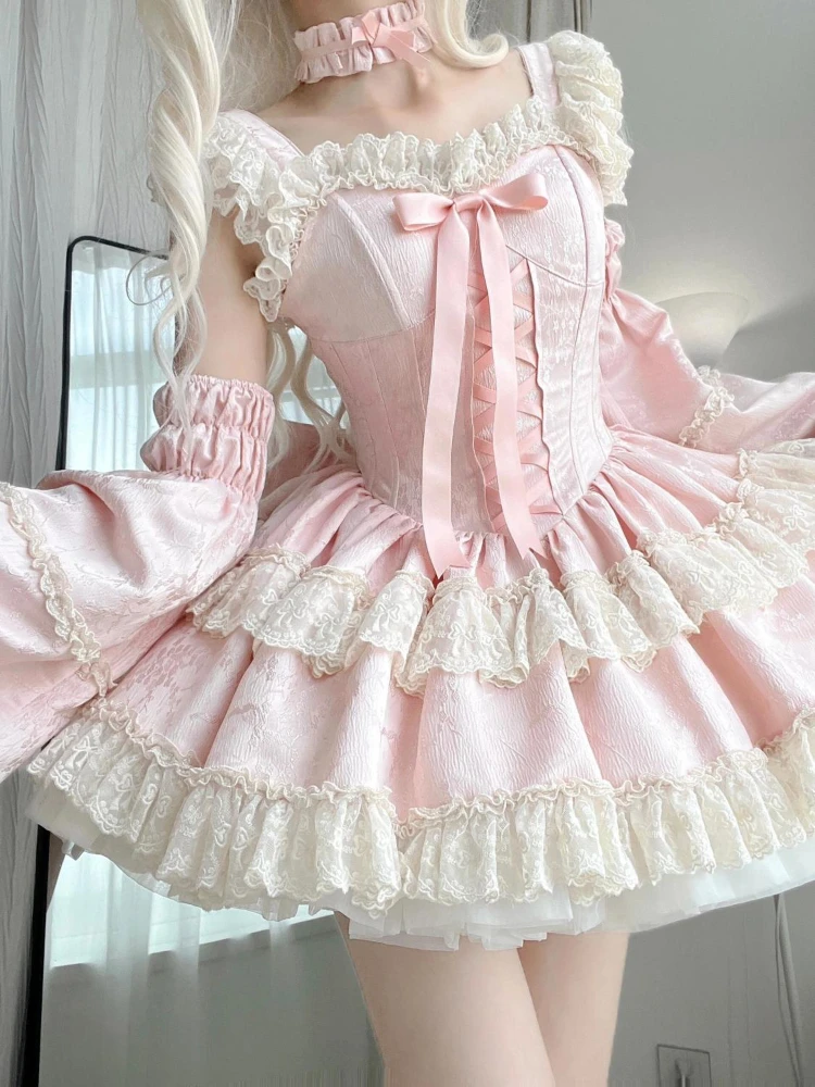 Kawaii Lolita Suits Japanese Party Dress Women Y2k Korean Sweet Fairy New Design Puffy Dress 2 Piece Dress Sets 2000s Vintage