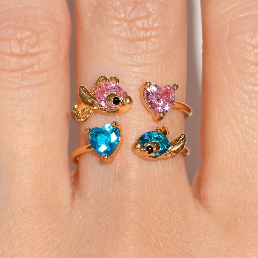 Cute Blue and Pink Zircon Open Fish Ring 18K Gold Plated Adjustable Ring For Women