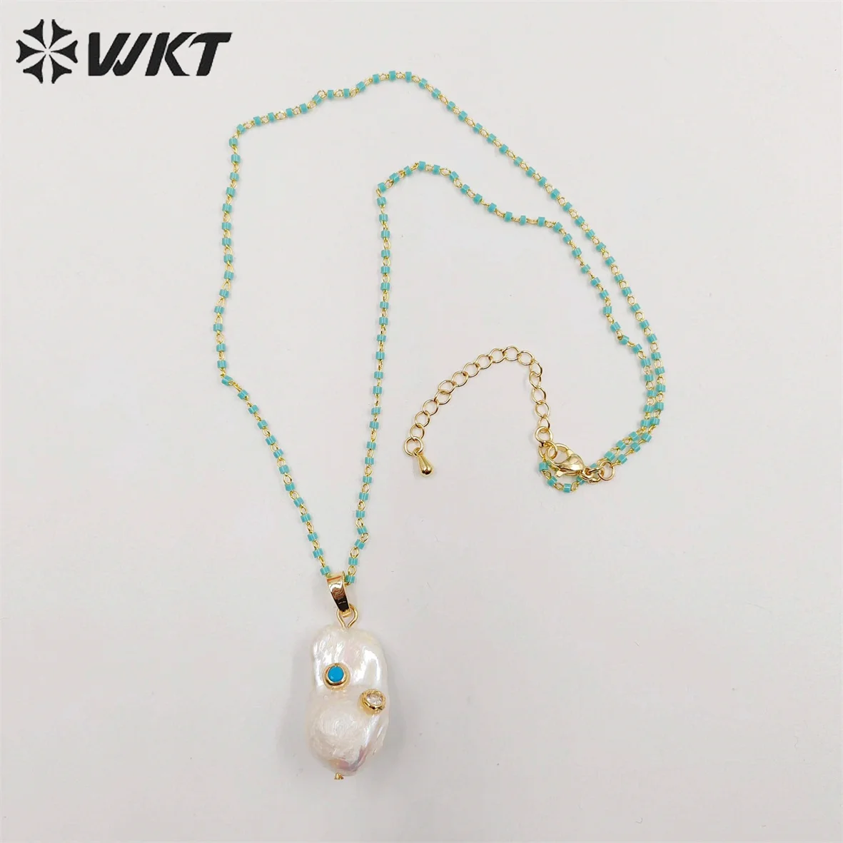 WT-JN091 Wholesale Natural Baroque Pearl Micro Pave Pendent With Colorful Gemstone Bead Chain Necklace Woman Fashion Jewelry