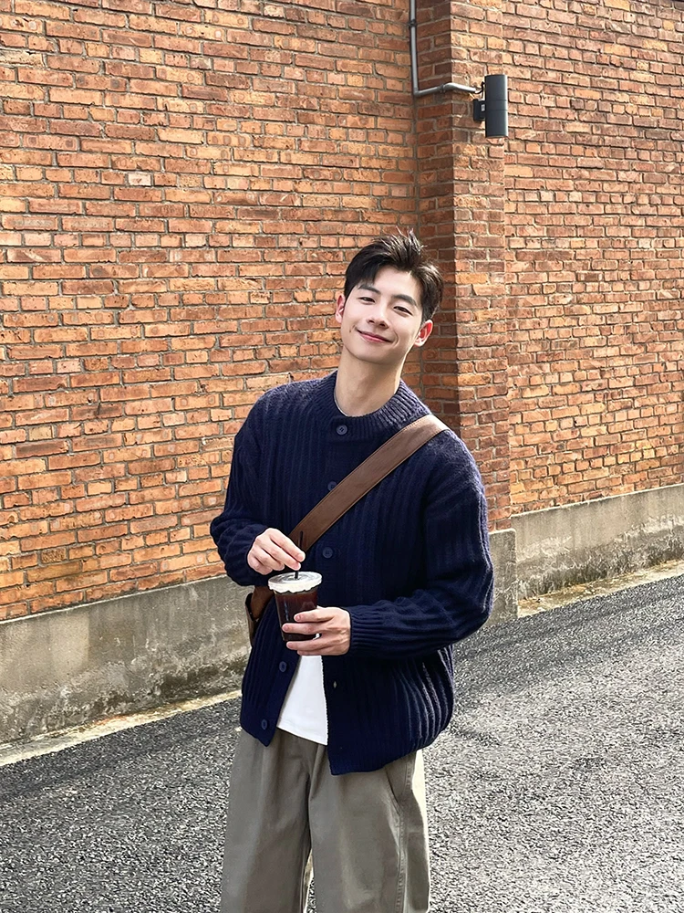 

Loose Korean Sle Men's Sweater Coat Button Casual Knitted Top k Blue Lazy Sle Outerwear Autumn Spring Seasonal Wear