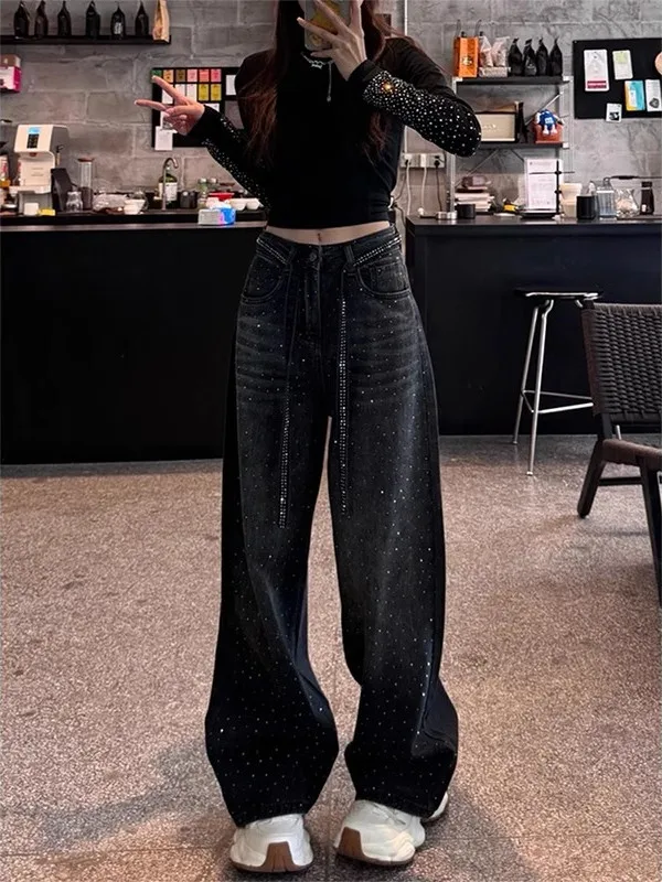 

Женские джинсы Bla Heavy Du с широкими штанинами и стразами, новинка весны, большие размеры, свободные прямые брюки с высокой талией, стройнящие