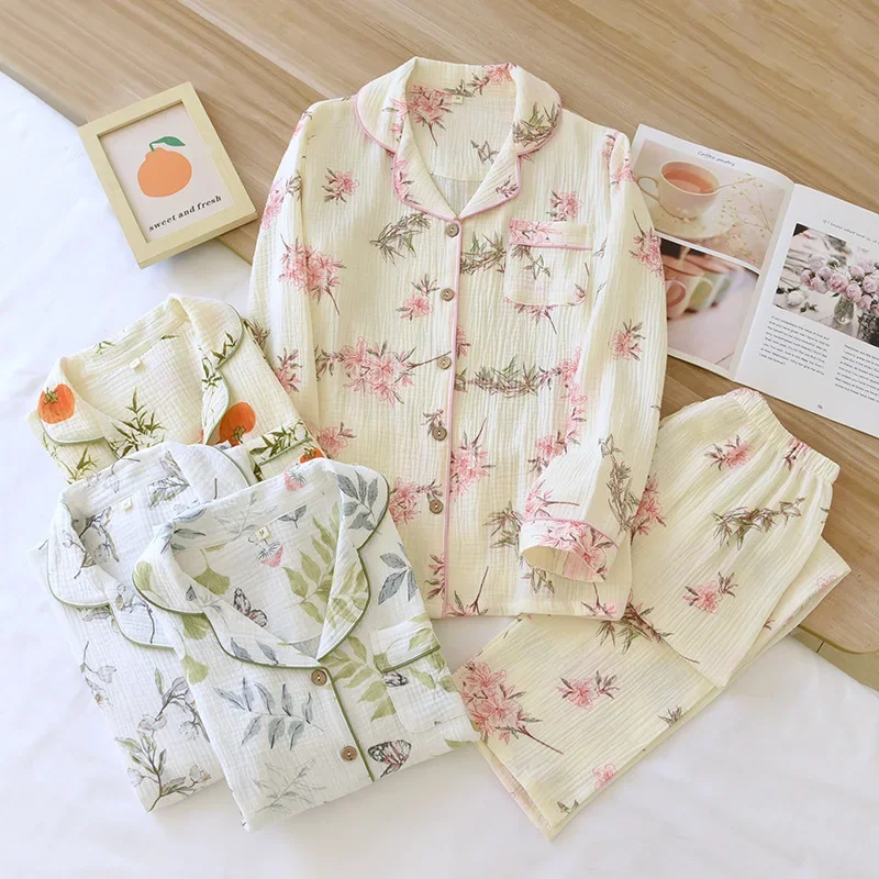2026 New Spring And Autumn Women's Pajama Set 100% Cotton Crepe Long Sleeve Long Pants Two Piece Home Clothes Sleepwear Ladies