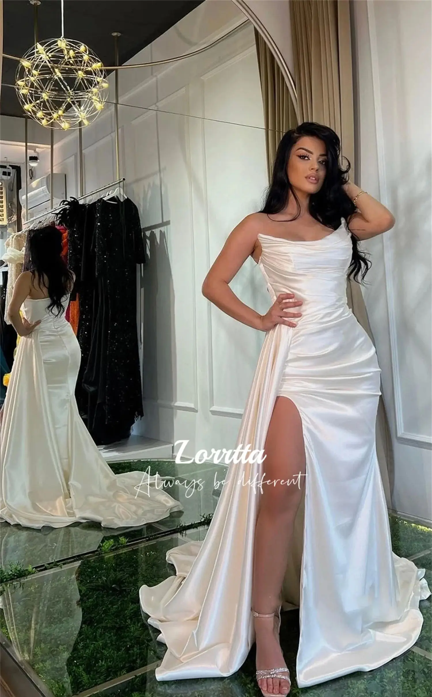 Lorrtta Scoop Collar Fish Tail Slit Bride's Dress Satin Wedding White Ball Gown Dresses Women Party Evening Prom Women's Gowns