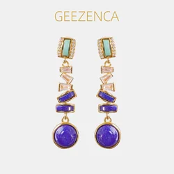 GEEZENCA Natural Lapis Lazuli Turquoise 925 Silver Dangle Earrings For Women 18K Gold Zircon Geometric Chic Earring New Gift