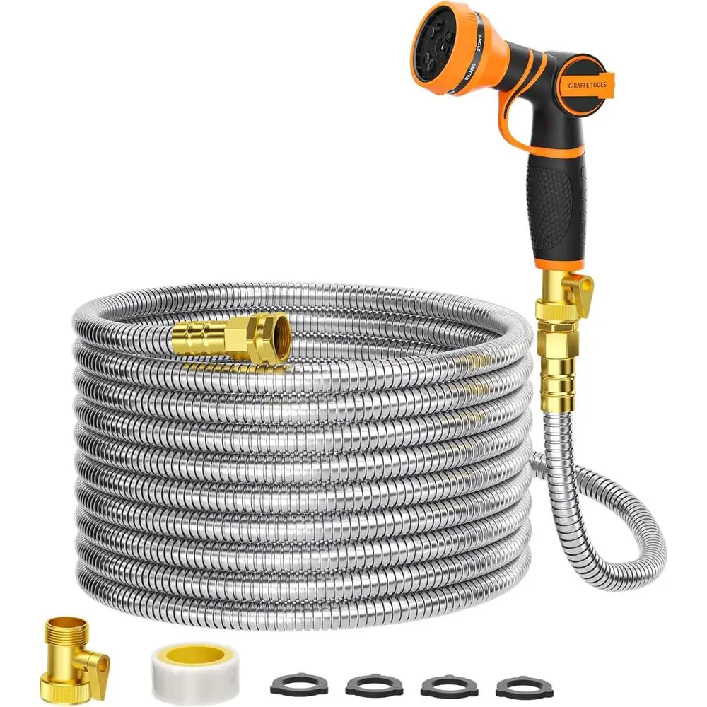 

Girafe Tools Garden Hose 75ft x 5/8", 304 Stainless Steel Metal Water Hose, No Kink Garden Water Hose with 9 Pattern Spray Nozzl