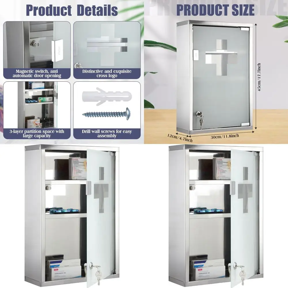 

Настенный шкаф для аптечки с 3 полками и стеклянной дверцей с защитой от разбивания для хранения в ванной комнате