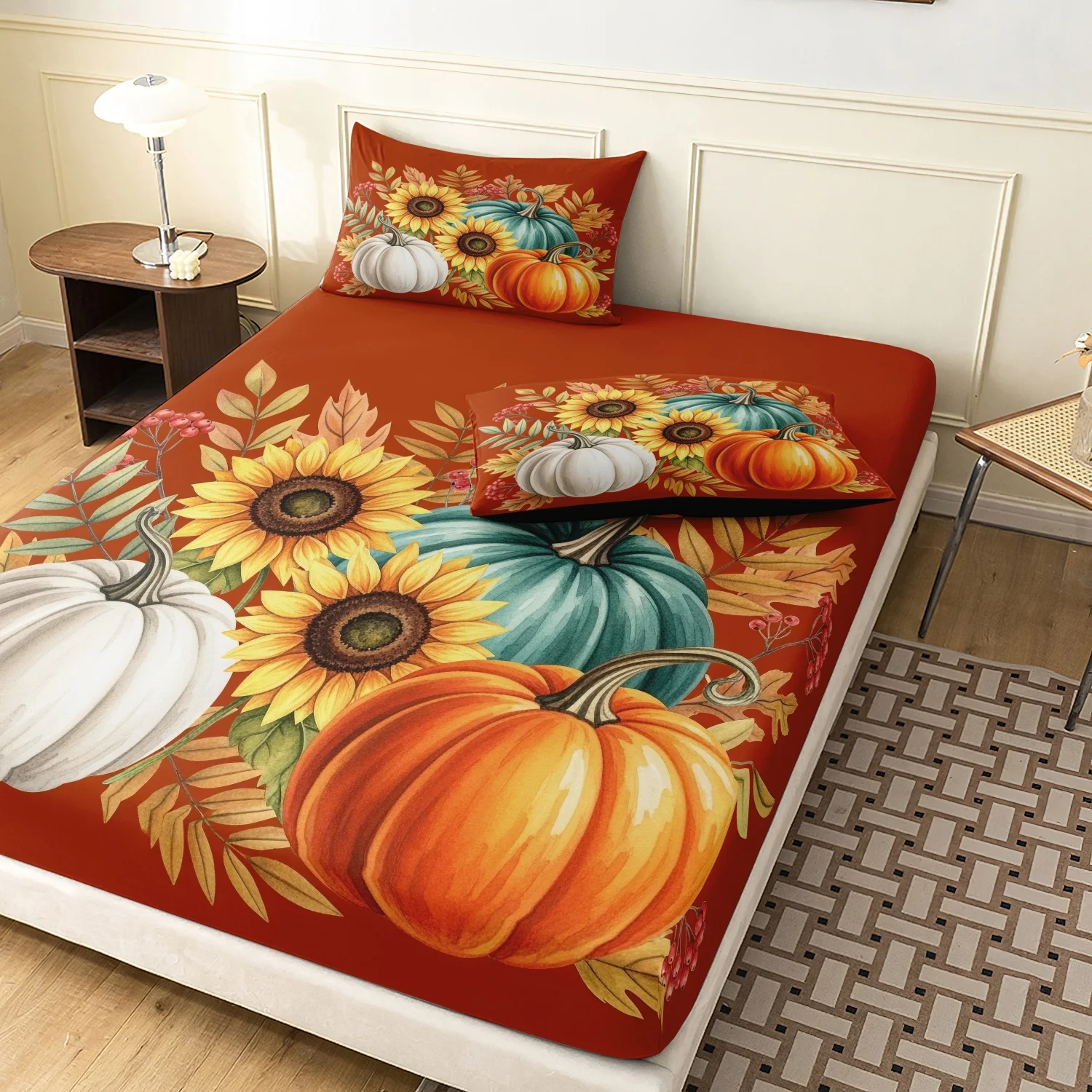 3 Pieces Vintage Autumn Pumpkin Sunflower Print Fitted Sheet Set, Orange Colorful Pumpkin Maple Leaf Berry Fall Pattern Bedding