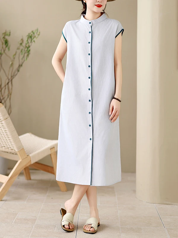 

High-End Artistic Color-Woven Shirt Dress Women's Summer Stand-Collar Short-Sleeve Striped Mid-Length A-Line Casual Gown
