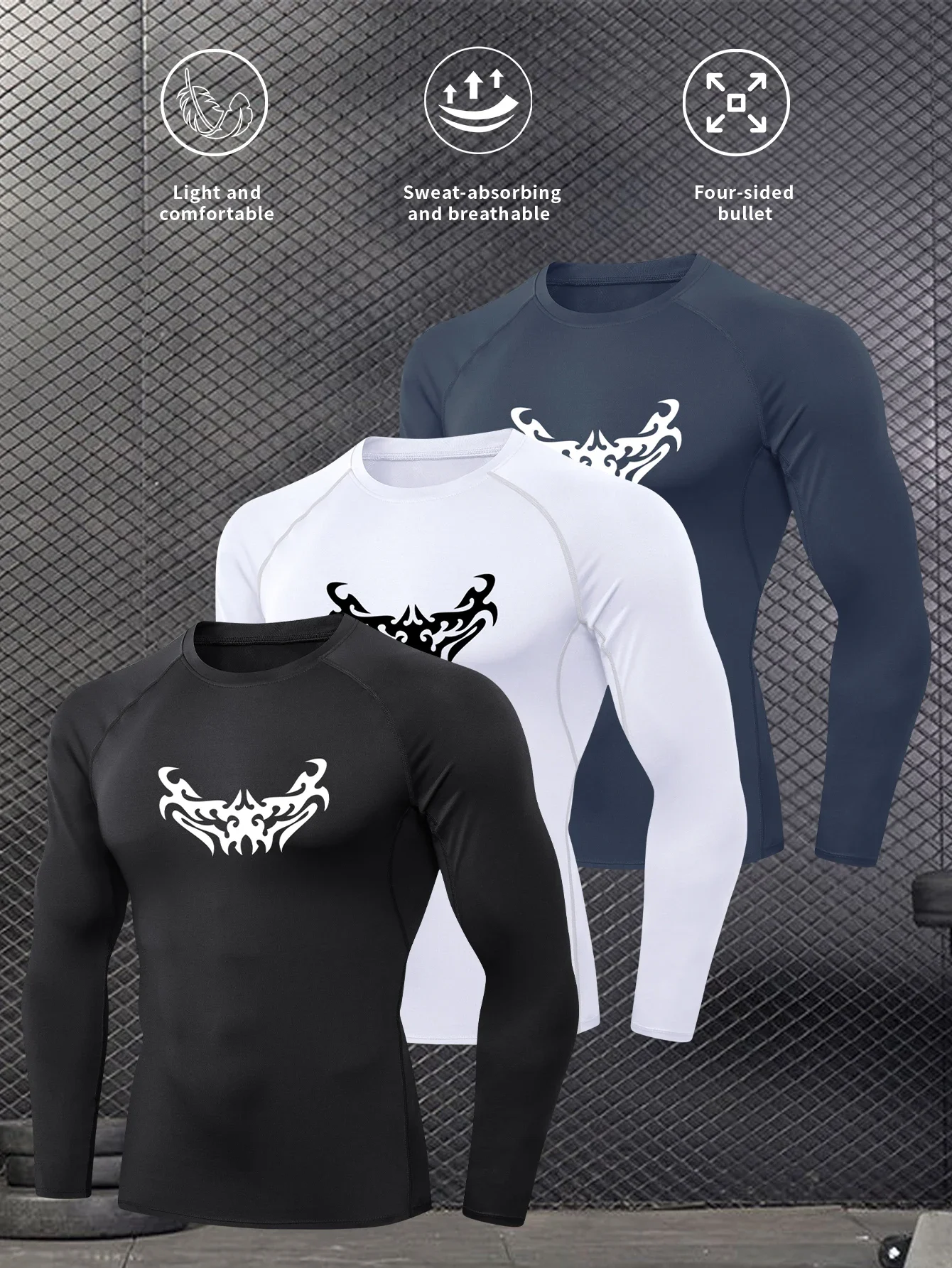 

3PCS - 2d printed, men's spring and autumn long-sleeved T-shirt tight quick-drying basketball fitness casual sportswear