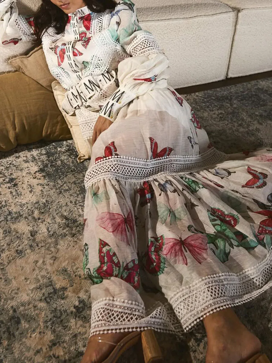 VGH Colorblock Print Maxi-jurken voor dames Opstaande kraag Lantaarnmouwen Hoge taille Gesplitste sjerpen Pure modejurk Dames Nieuw