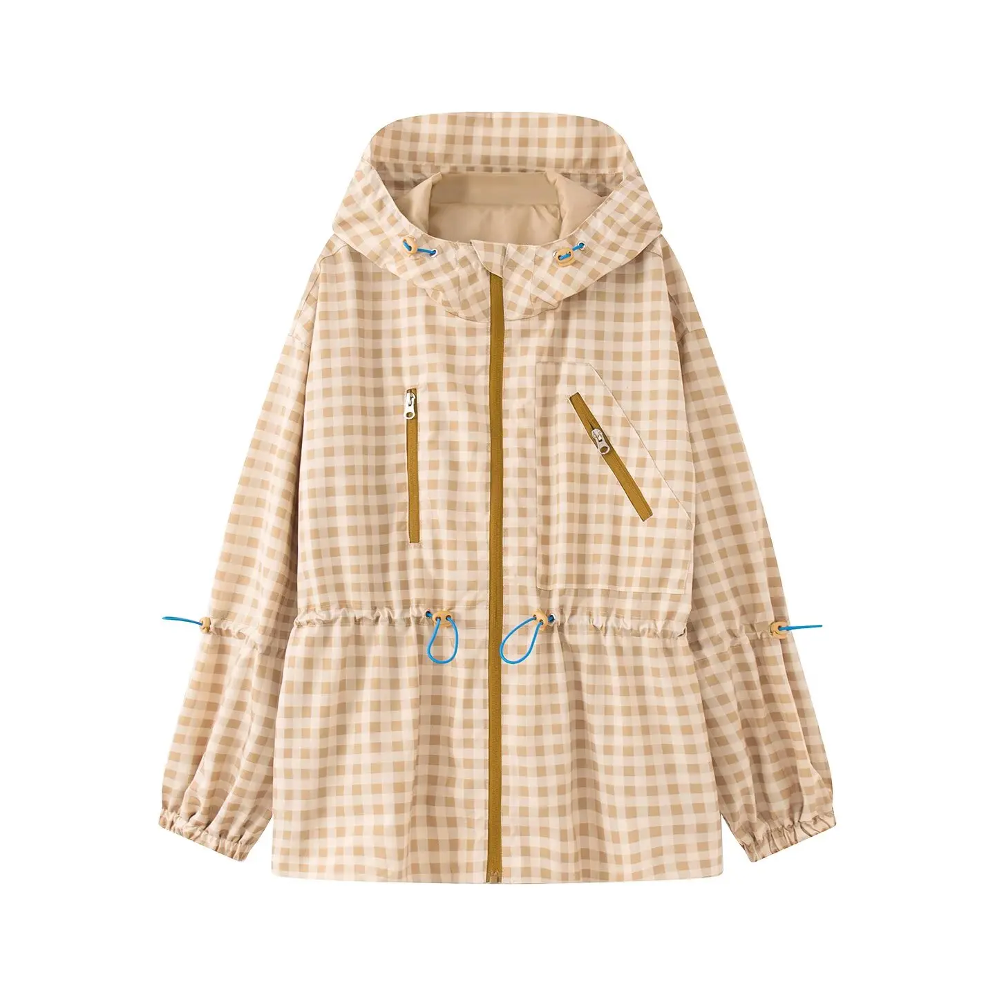 JNLEAOG Fashionable Plaid Hooded Windproof Women's Jacket All-Match Summer New Arrival Casual Style Standard Fit Zipper Closure