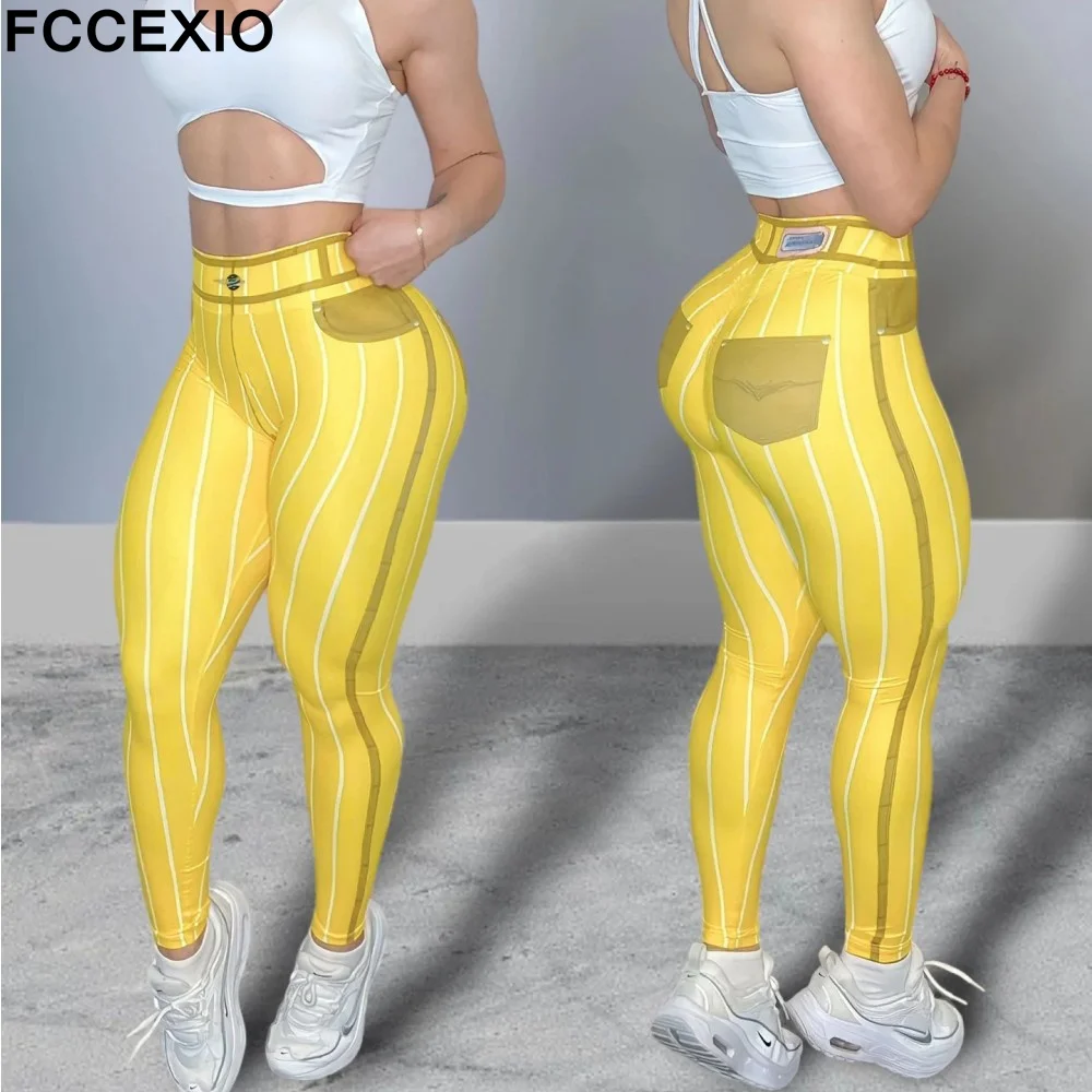 FCCEXIO Fashion Denim Stripe Print Women Sports Leggings High Waist Running Sexy Tight Fitness Workout Yoga Gym Push Up Cowboy P