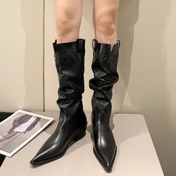 Fashion Pleated Thick Heels Boots Women 2023 Autumn Pointed Toe Pu Leather Mid Calf Boots Woman Gothic Slip on Designer Shoes