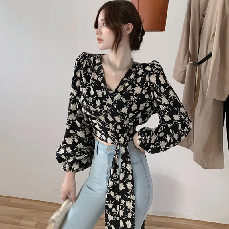 Women\'s Blouses Floral Print V Neck Long Sleeves Chiffon Shirts Ladies Shirts Spring Autumn Casual Tops