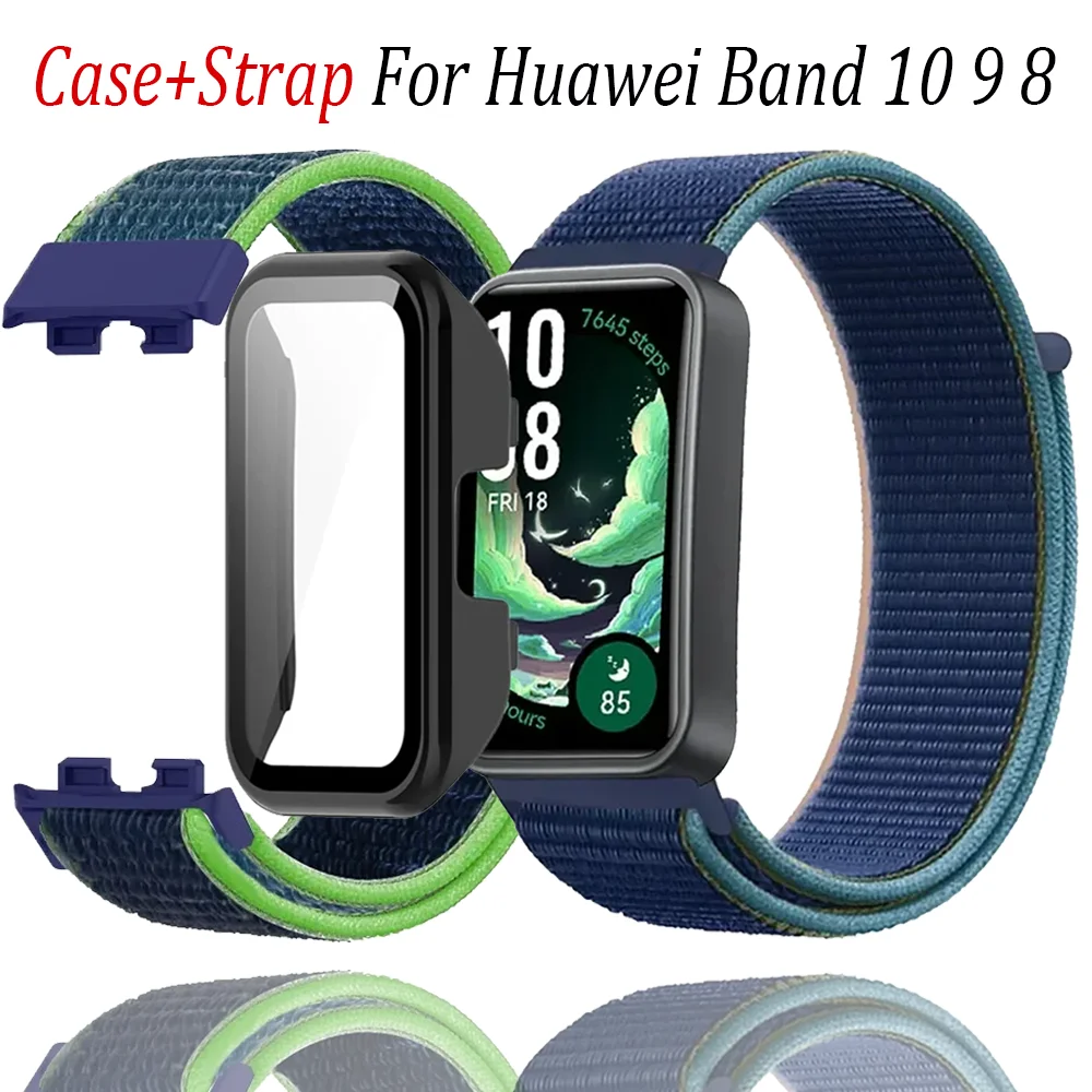 Funda de PC + correa de nailon para Huawei Band 10, pulsera deportiva transpirable para Huawei Band 9 8, funda protectora de vidrio templado HD