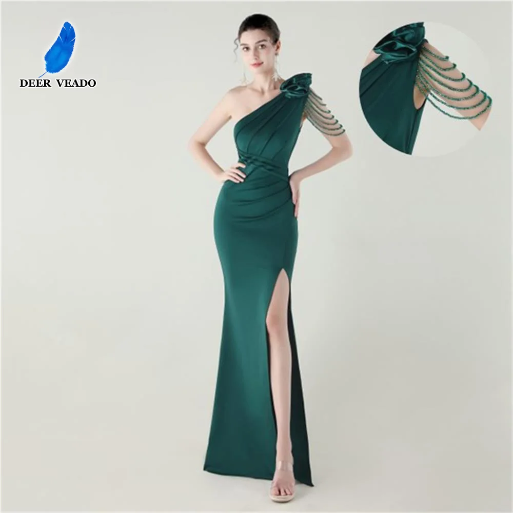 

DEERVEADO Women's One Shoulder Evening Dresses with Beading Sexy Slit Party Dresses Long Prom Dress Formal Occasion Dresses