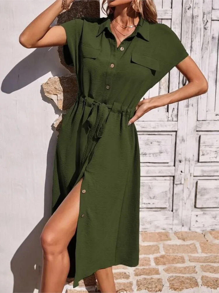Abito da donna primavera estate nuova moda con coulisse in vita casual comodo colletto della camicia monopetto a maniche corte