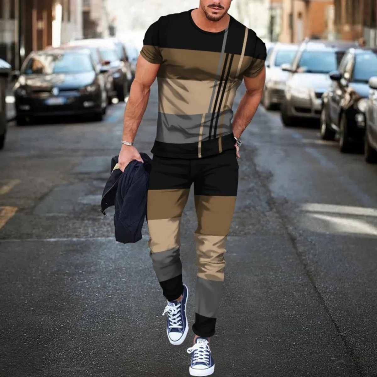 2025 New Men's Summer Splicing Stripe Printed Breathable and Comfortable Round Neck T-shirt Pants Set Outdoor Casual Clothing