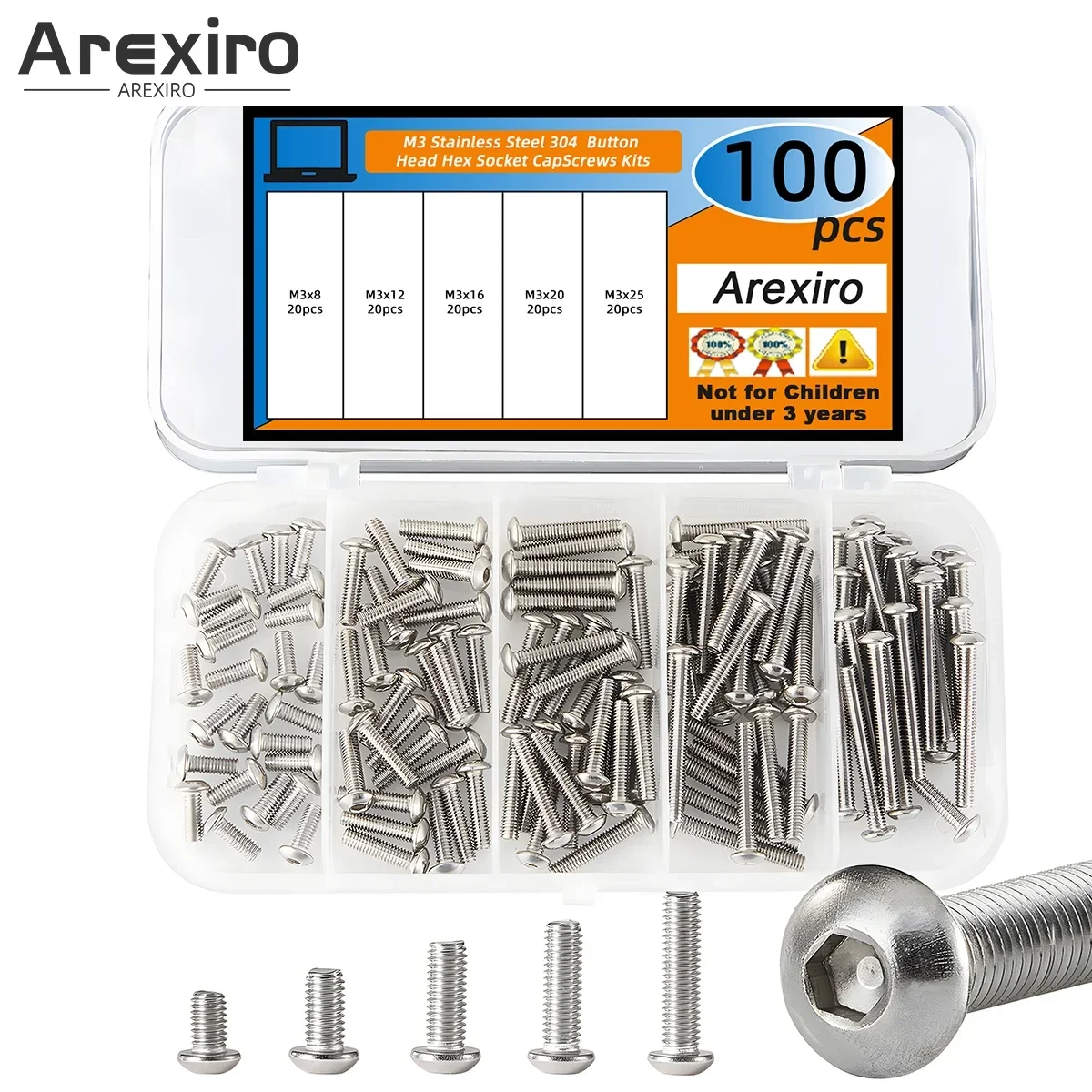 100/200 Stück M3 x 8 mm 12 mm 16 mm 20 mm 25 mm Halbrundkopf-Innensechskantschrauben Schraubensatz Edelstahl 304 metrischer Innensechskant