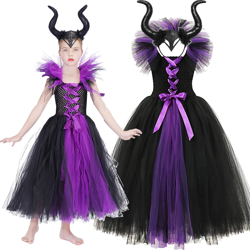 Halloween Costume Maleficent Cosplay Costume Girls Maleficent Deluxe Black Glam Gown Costume Kids Demon Evil Queen Witch Clothes