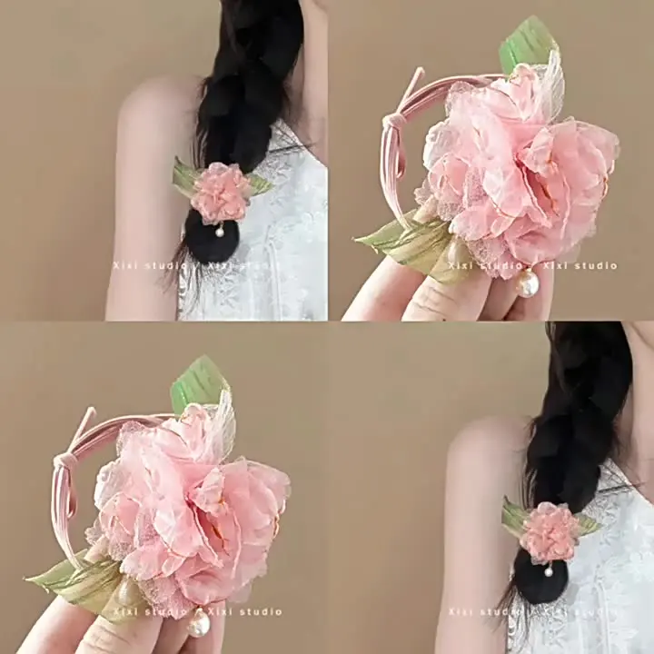 

Fairy Temperament Flower Headband Pearl Tassel Meatball Hair Accessories Girlish Forest Style Rubber Band Hair Rope