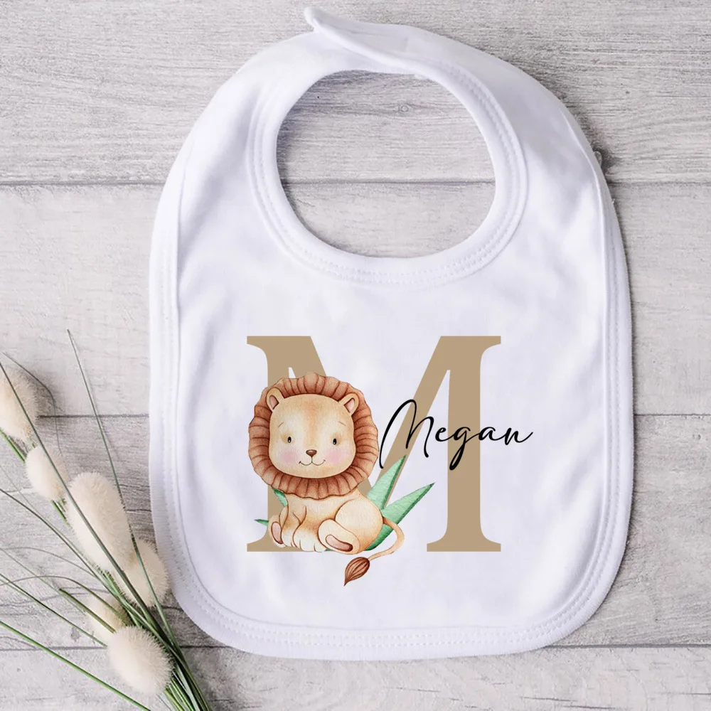 Personalised Baby Bib Safari Animals Initial with Name Bibs Newborn Infant Saliva Towel Wild One Birthday Gifts Baby Shower Gift