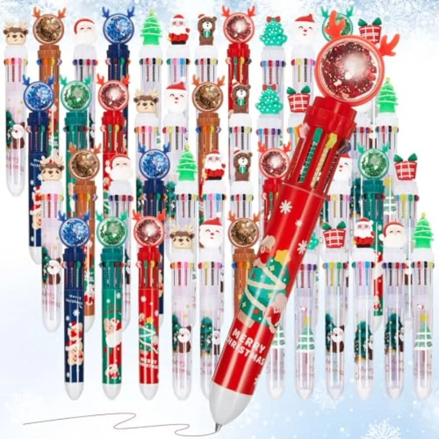 

Набор из 10 разноцветных шариковых ручек 10 в 1 с Дедом Морозом, оленями и елками, выдвижные, 0,7 мм, для офиса, рождественские подарки